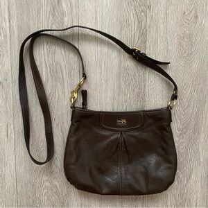 Coach Dark Brown Leather Crossbody Shoulder Bag with Gold Carriage Logo Emblem